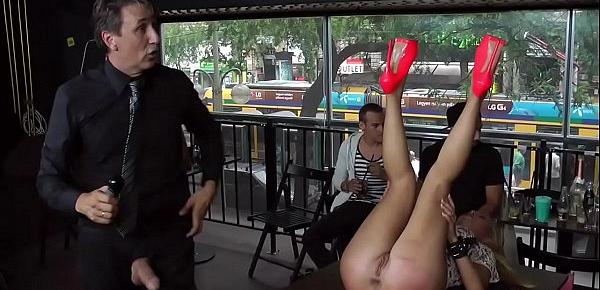  Blonde in pink skirt anal fisted in public bar